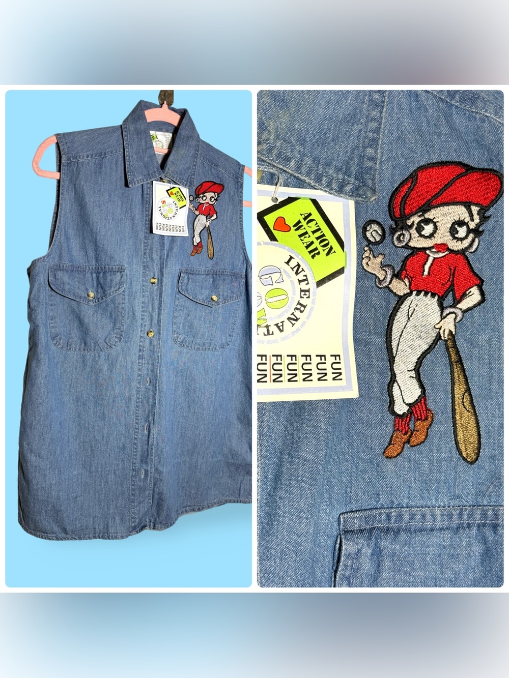 Sleeveless Denim Button-Down Shirt with Betty Boop Baseball Patch - Blue